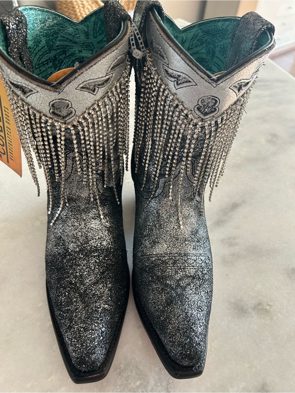 Corral Overlay CrystalFringe Booties  Snip Toe Boots New Size 9